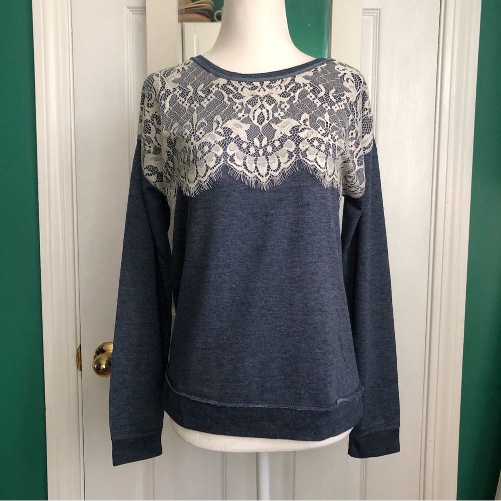 Inspired Hearts  trendy denim blue/lace sweatshirt top M NWT